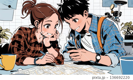 仲良く二人で旅行の計画を立てている若いカップル