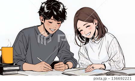 仲良く二人で旅行の計画を立てている若いカップル