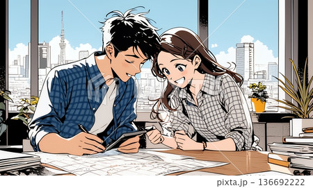 仲良く二人で旅行の計画を立てている若いカップル