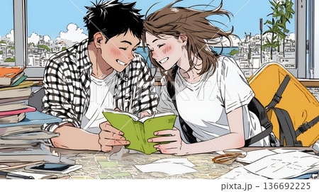 仲良く二人で旅行の計画を立てている若いカップル