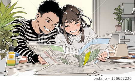 仲良く二人で旅行の計画を立てている若いカップル 136692226