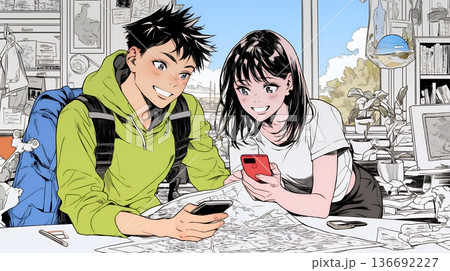 仲良く二人で旅行の計画を立てている若いカップル