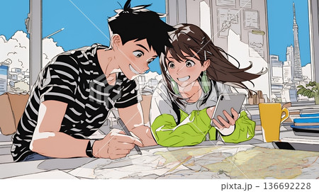 仲良く二人で旅行の計画を立てている若いカップル