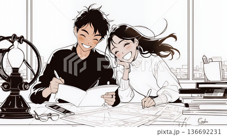 仲良く二人で旅行の計画を立てている若いカップル（シンプルな色使い）