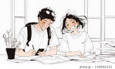 仲良く二人で旅行の計画を立てている若いカップル（シンプルな色使い）