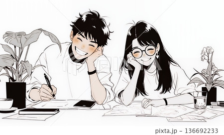 仲良く二人で旅行の計画を立てている若いカップル（シンプルな色使い）