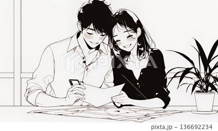 仲良く二人で旅行の計画を立てている若いカップル（シンプルな色使い）