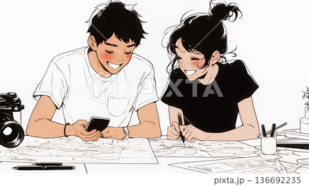 仲良く二人で旅行の計画を立てている若いカップル（シンプルな色使い）