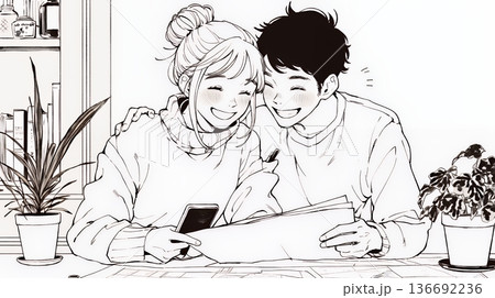 仲良く二人で旅行の計画を立てている若いカップル（シンプルな色使い）