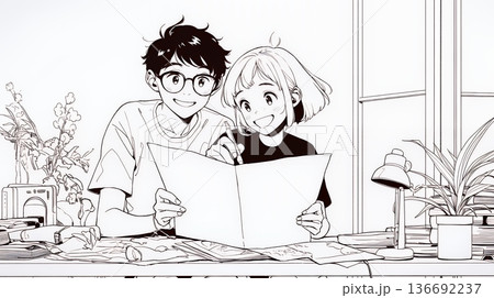 仲良く二人で旅行の計画を立てている若いカップル（シンプルな色使い）