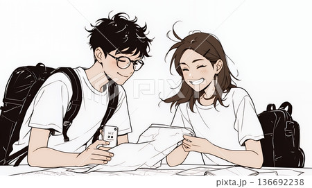 仲良く二人で旅行の計画を立てている若いカップル（シンプルな色使い）