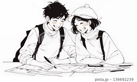 仲良く二人で旅行の計画を立てている若いカップル（シンプルな色使い）