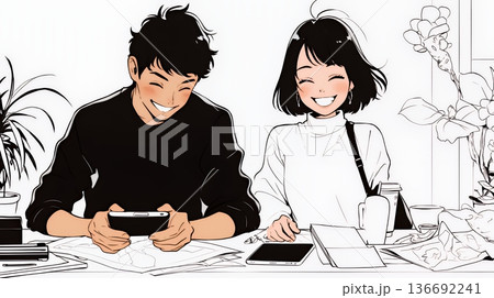 仲良く二人で旅行の計画を立てている若いカップル（シンプルな色使い）