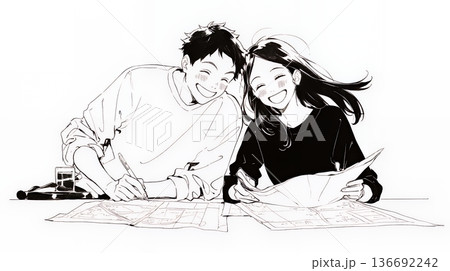 仲良く二人で旅行の計画を立てている若いカップル（シンプルな色使い）