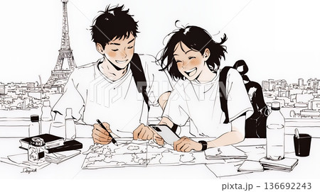 仲良く二人で旅行の計画を立てている若いカップル（シンプルな色使い）