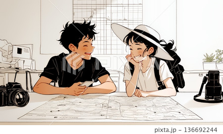 仲良く二人で旅行の計画を立てている若いカップル（シンプルな色使い）