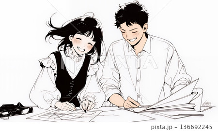 仲良く二人で旅行の計画を立てている若いカップル（シンプルな色使い）