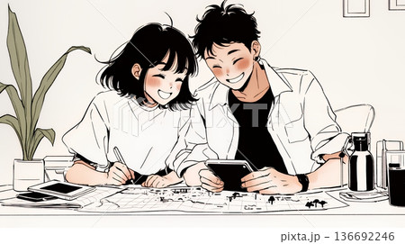 仲良く二人で旅行の計画を立てている若いカップル（シンプルな色使い）