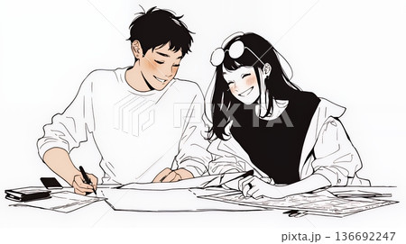 仲良く二人で旅行の計画を立てている若いカップル（シンプルな色使い）