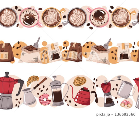 Set Of Seamless Borders With Coffee Mug, Bag, Beans And Barista Tools In Flat Style. Repeating Pattern For Coffee Shop, Wallpaper, Packaging Design And Professional Decor 136692360