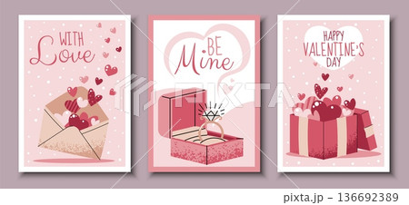 Set Of Valentine's Day Greeting Cards In Flat Style. Opened Envelope With Hearts, Gift Box With Flying Hearts And Diamond Engagement Ring. Template For Banners, Posters, Covers, Advertising 136692389
