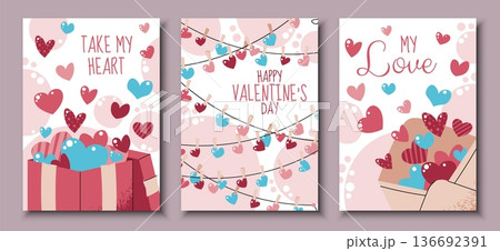 Set Of Valentine's Day Greeting Cards In Flat Style. Gift Box With Flying Hearts, Envelope And Heart Garland. Romantic Celebration Template For Banners, Posters, Covers, Advertising And Branding. Set Of Valentine's Day Greeting Cards In Flat Style. Gift Box With Flying Hearts, Envelope And Heart Garland. Romantic Celebration Template For Banners, Posters, Covers, Advertising And Branding. 136692391