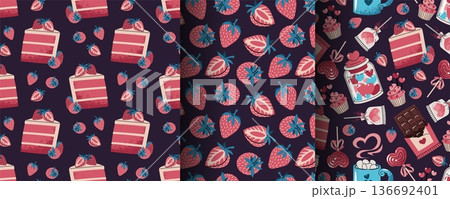 Set of Seamless Valentine's Day Patterns in Flat Style. Berry Cake Slice, Strawberry, Cupcake, Chocolate, Lollipop. Romantic Dessert Design. Perfect Texture for Gift Wrap, Wallpaper, Fabric, Packaging Set of Seamless Valentine's Day Patterns in Flat Style. Berry Cake Slice, Strawberry, Cupcake, Chocolate, Lollipop. Romantic Dessert Design. Perfect Texture for Gift Wrap, Wallpaper, Fabric, Packaging 136692401
