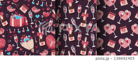 Set of Seamless Valentine's Day Patterns in Flat Style. Champagne, Wine Glasses, Gifts and Hearts. Romantic Celebration Design. Perfect Texture for Gift Wrap, Wallpaper, Fabric and Packaging. 136692403