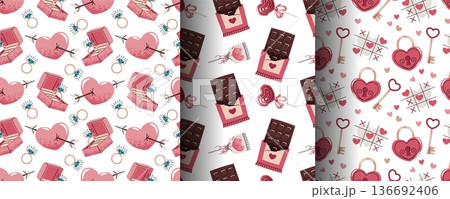 Set of Seamless Valentine's Day Patterns in Flat Style. Engagement Ring in Box, Chocolate Bar, Heart Lollipop, Heart Lock and Key. Symbolic Romance Design. Perfect Texture for Gift Wrap, Wallpaper Set of Seamless Valentine's Day Patterns in Flat Style. Engagement Ring in Box, Chocolate Bar, Heart Lollipop, Heart Lock and Key. Symbolic Romance Design. Perfect Texture for Gift Wrap, Wallpaper 136692406