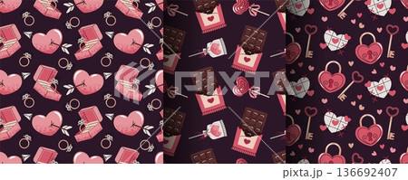 Set of Seamless Valentine's Day Patterns in Flat Style. Engagement Ring in Box, Chocolate Bar, Heart Lollipop, Heart Lock and Key. Symbolic Romance Design. Perfect Texture for Gift Wrap, Wallpaper Set of Seamless Valentine's Day Patterns in Flat Style. Engagement Ring in Box, Chocolate Bar, Heart Lollipop, Heart Lock and Key. Symbolic Romance Design. Perfect Texture for Gift Wrap, Wallpaper 136692407