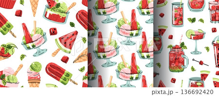 Set of Seamless Patterns with Watermelon Ice Cream and Summer Drinks in Flat Style. Refreshing Sweet Texture for Beverage Branding, Packaging, Textile, Beach Cafe, Menu Design and Party Decor. Set of Seamless Patterns with Watermelon Ice Cream and Summer Drinks in Flat Style. Refreshing Sweet Texture for Beverage Branding, Packaging, Textile, Beach Cafe, Menu Design and Party Decor. 136692420