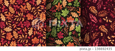 Set of Seamless Patterns with Various Autumn Leaves. Background wth Oak, Maple, Rowan and More in Flat Style. Classic Fall Foliage Texture for Wallpaper, Textile, Packaging, Seasonal Decor 136692435
