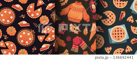 Set of Seamless Patterns with Autumn Pie, Pumpkin, Jam Jar, Sweater, Boots and Umbrella in Flat Style. Cozy Fall Lifestyle Texture for Textile, Wallpaper, Packaging, Gift Wrap, Advertising, Branding Set of Seamless Patterns with Autumn Pie, Pumpkin, Jam Jar, Sweater, Boots and Umbrella in Flat Style. Cozy Fall Lifestyle Texture for Textile, Wallpaper, Packaging, Gift Wrap, Advertising, Branding 136692441