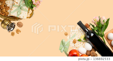 Display of wine, matzah, and other foods for Passover 136692533