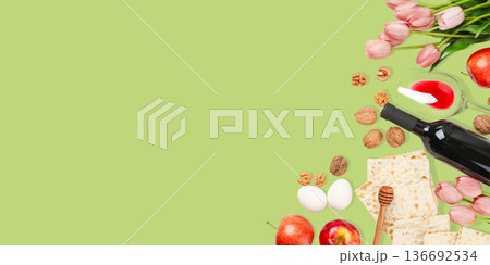 Celebration of Passover with food items, flowers and decorations 136692534