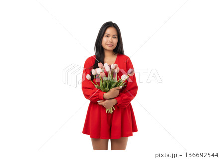 8 March: Woman in red dress with flowers, isolated, PNG 8 March: Woman in red dress with flowers, isolated, PNG 136692544