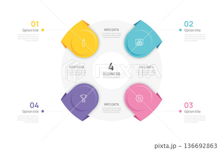 Venn diagram infographic chart template for business 4 color parts options, presentation with venn diagram elements vector illustration. Venn diagram infographic chart template for business 4 color parts options, presentation with venn diagram elements vector illustration. 136692863