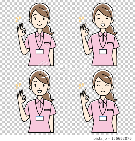 Illustration of a woman in a polo shirt smiling and making an OK sign Illustration of a woman in a polo shirt smiling and making an OK sign 136692879