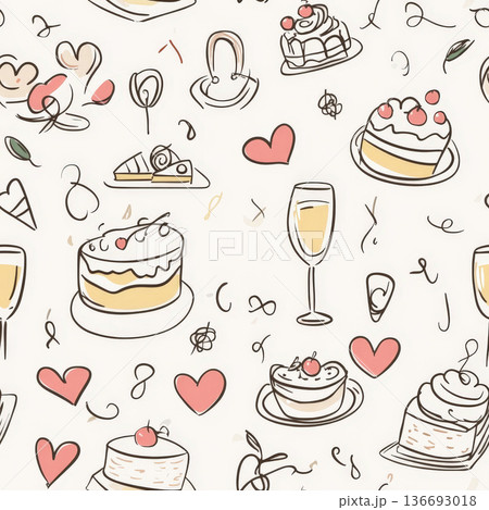 A wedding-themed doodle pattern with tiny rings, cakes, and champagne glasses, all sketched with casual, joyful lines to capture the spirit of love and celebration. 136693018