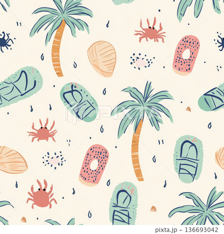A fun beach-themed pattern with hand-drawn seashells, flip-flops, palm trees, and tiny crabs scurrying around. 136693042