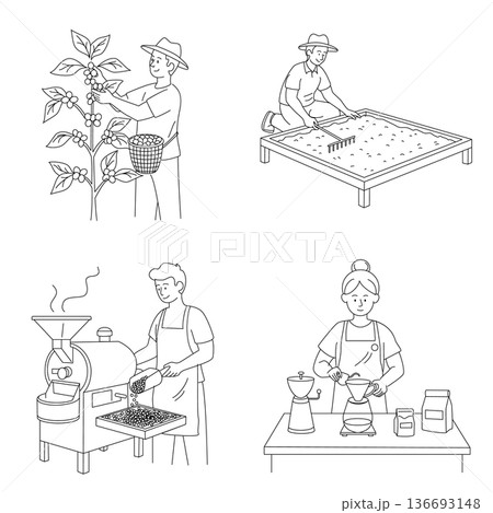 From Bean to Cup: Traditional Coffee Harvesting and Roasting Illustration From Bean to Cup: Traditional Coffee Harvesting and Roasting Illustration 136693148