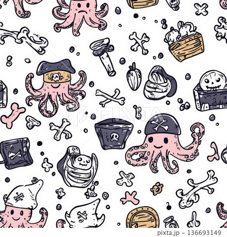 A hand-drawn doodle pattern of octopuses wearing pirate hats, surrounded by tiny treasure chests and fish bones. 136693149