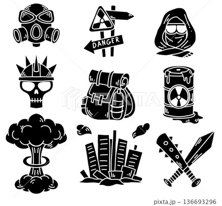 Vector set of Post Apocalypse black silhouette icons. Protective mask, sign, city, chemical tank, nuclear explosion, and backpack. Vector set of Post Apocalypse black silhouette icons. Protective mask, sign, city, chemical tank, nuclear explosion, and backpack. 136693296