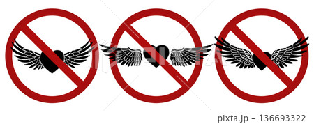 Set of prohibition icons with winged heart symbol. No love. Flat vector warning graphics 136693322