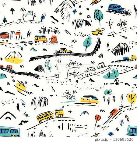 A playful hand-drawn pattern of tiny doodled cars, trains, and airplanes zooming across a childlike imaginary landscape. The whimsical, uneven lines add charm and movement to the fun, energetic 136693520