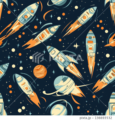 A vintage space pattern featuring classic sci-fi rocket ships and glowing planets. 136693532