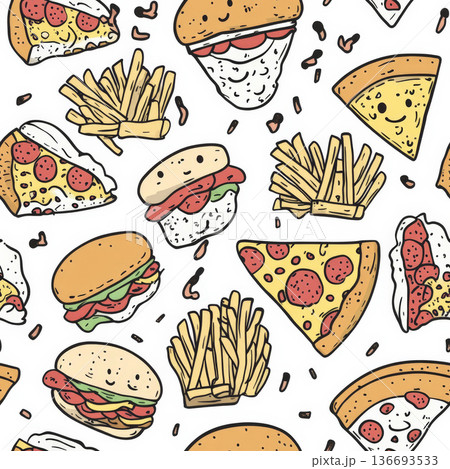 A seamless doodle pattern featuring hand-drawn pizza slices, hamburgers, and french fries with tiny smiling faces. The wobbly, spontaneous lines give it an energetic and humorous feel, making it 136693533