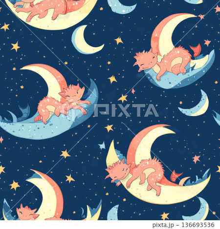A dreamy dragon pattern with tiny baby dragons sleeping on crescent moons, glowing softly. 136693536