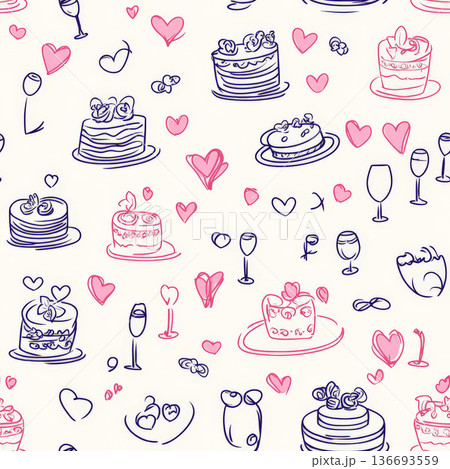 A wedding-themed doodle pattern with tiny rings, cakes, and champagne glasses, all sketched with casual, joyful lines to capture the spirit of love and celebration. A wedding-themed doodle pattern with tiny rings, cakes, and champagne glasses, all sketched with casual, joyful lines to capture the spirit of love and celebration. 136693559