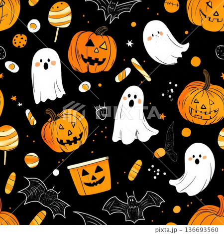 A Halloween doodle pattern with pumpkins, ghosts, bats, and candy 136693560